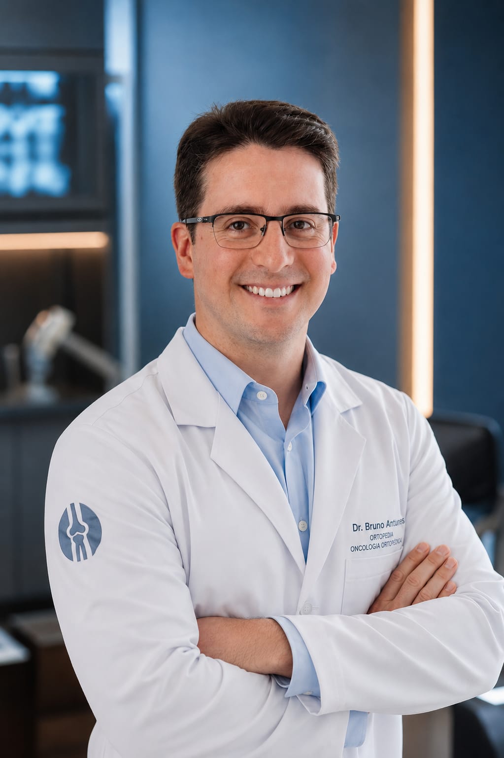 Dr. Bruno Antunes, ortopedista oncológico, de jaleco no consultório